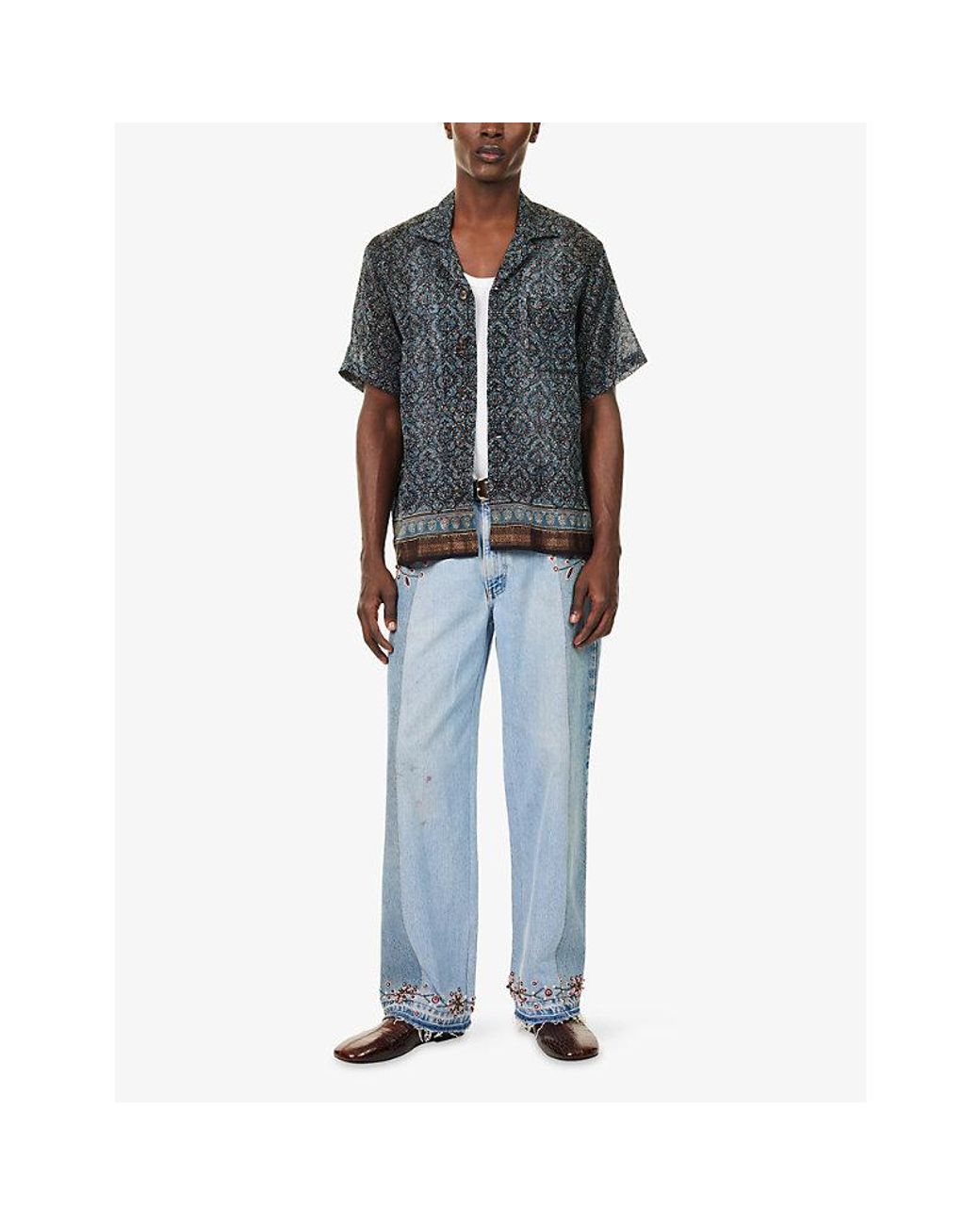 Kartik Research Gray Pattern Camp-Collar Silk Shirt for men