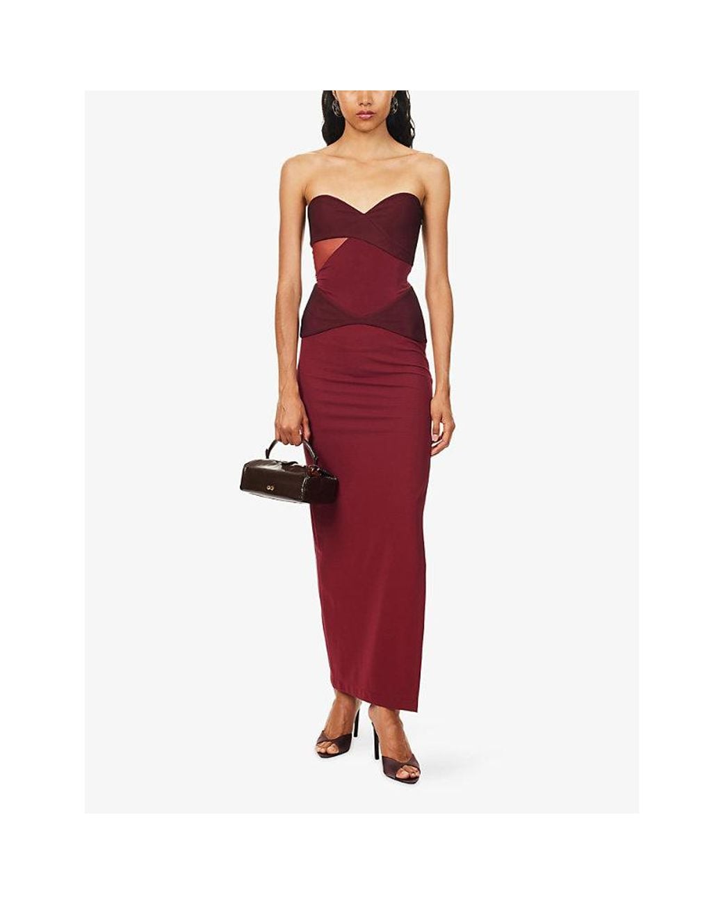 Nensi Dojaka Red Strapless Panelled Stretch-Woven Midi Dress