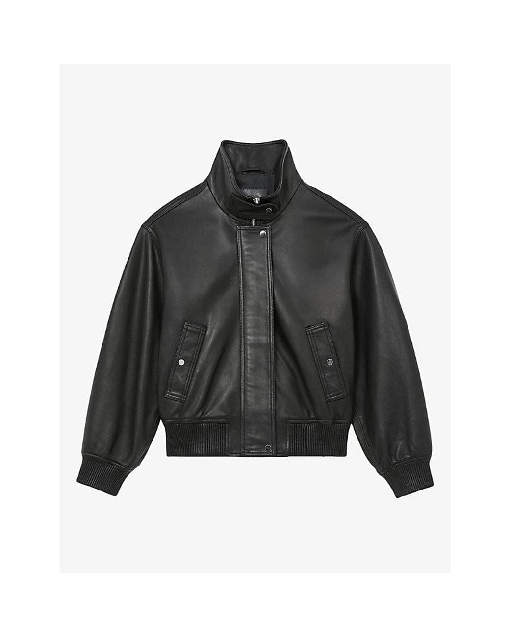 Reiss Black Cara Funnel-Neck Leather Bomber Jacket