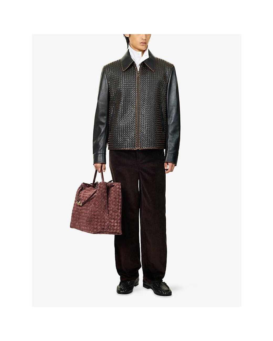 Bottega Veneta Black Regular-Fit Intrecciato Leather Jacket for men