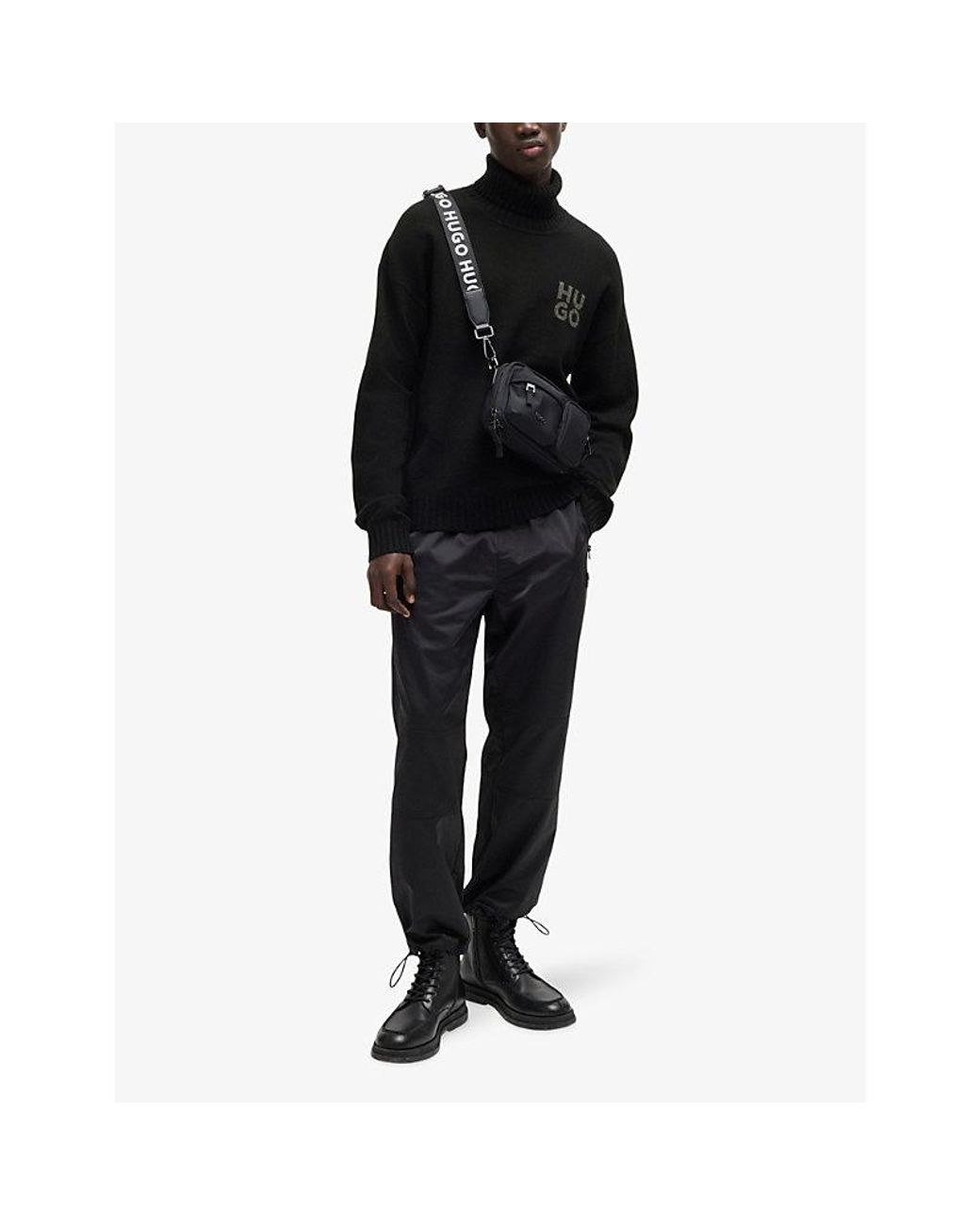 HUGO Black Logo-Print Roll-Neck Relaxed-Fit Wool-Blend Jumper for men