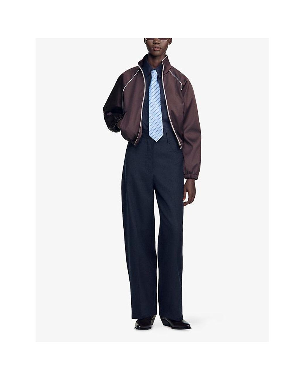 Sandro Blue Pressed-Crease Wide-Leg Wool-Blend Trousers