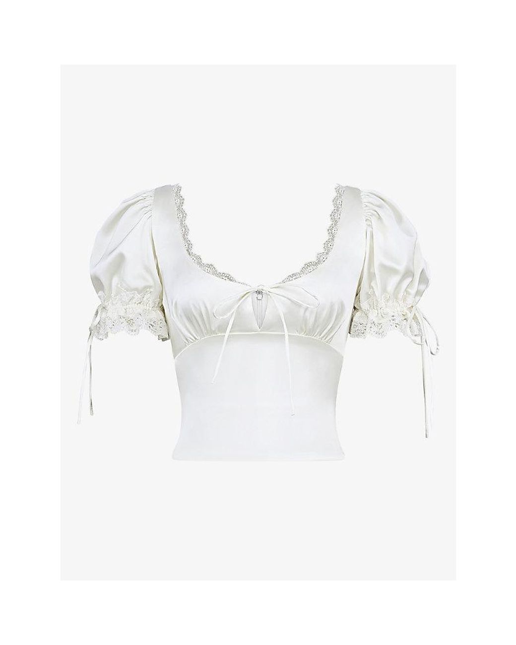 House Of Cb White Elisabetta Puff-Sleeve Lace-Trim Woven Top
