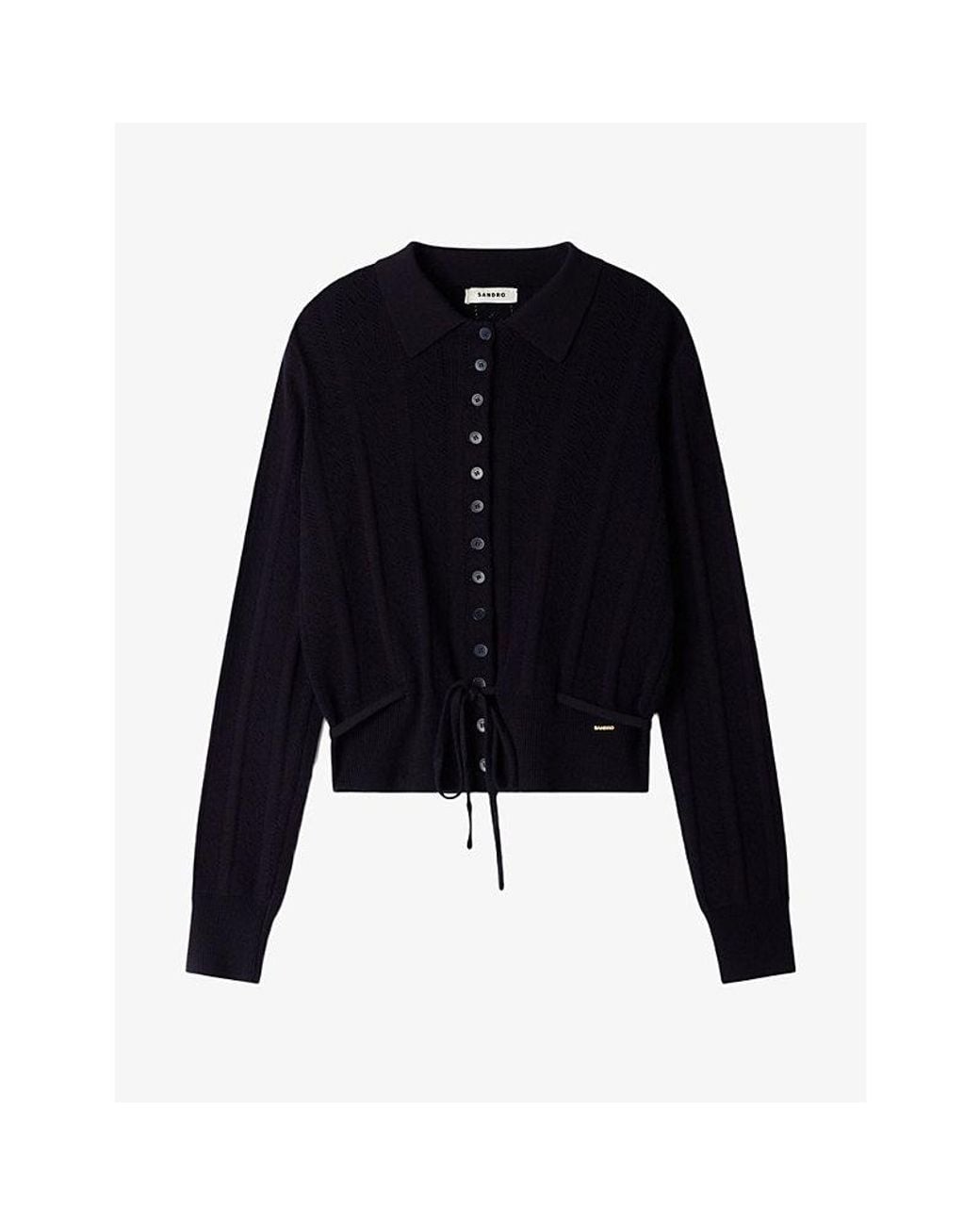 Sandro Black Pointelle-Knit Tie-Waist Wool-Blend Cardigan