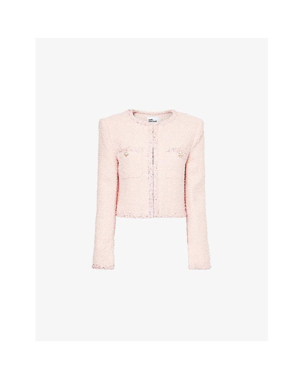 Self-Portrait Pink Sequin-Trim Boxy-Fit Boucle Jacket