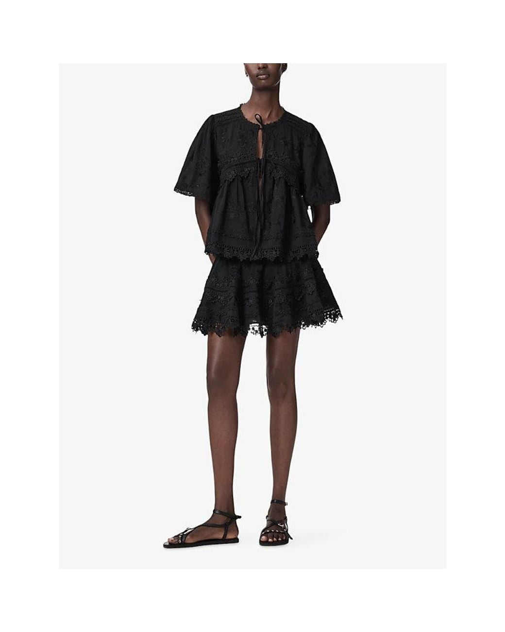 AllSaints Black Lilith Embroidered Cotton Mini Skirt