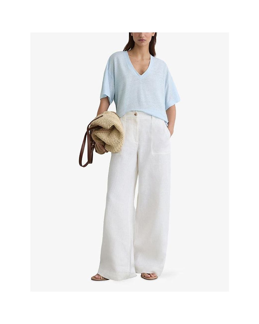 Reiss Blue Ember V-Neck Relaxed-Fit Linen T-Shirt
