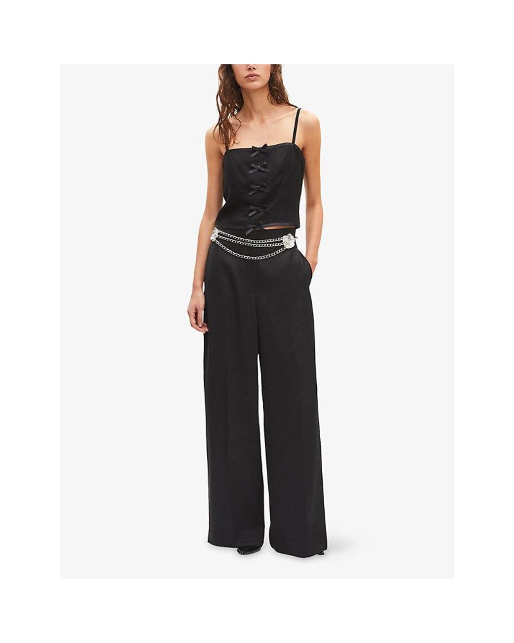 The Kooples Black Cropped Bow-Embellished Woven Top