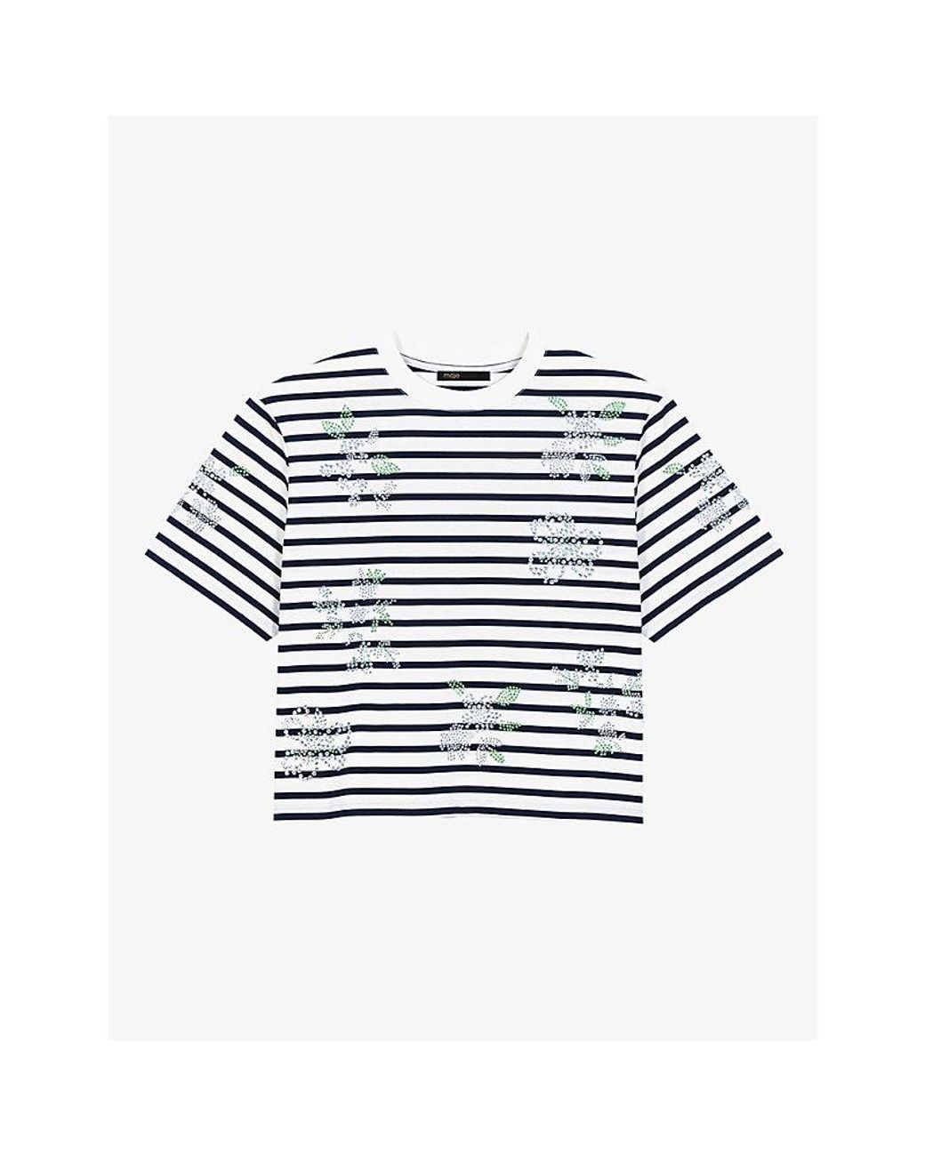 Maje Blue Striped Crystal-Flower Cotton-Jersey T-Shirt