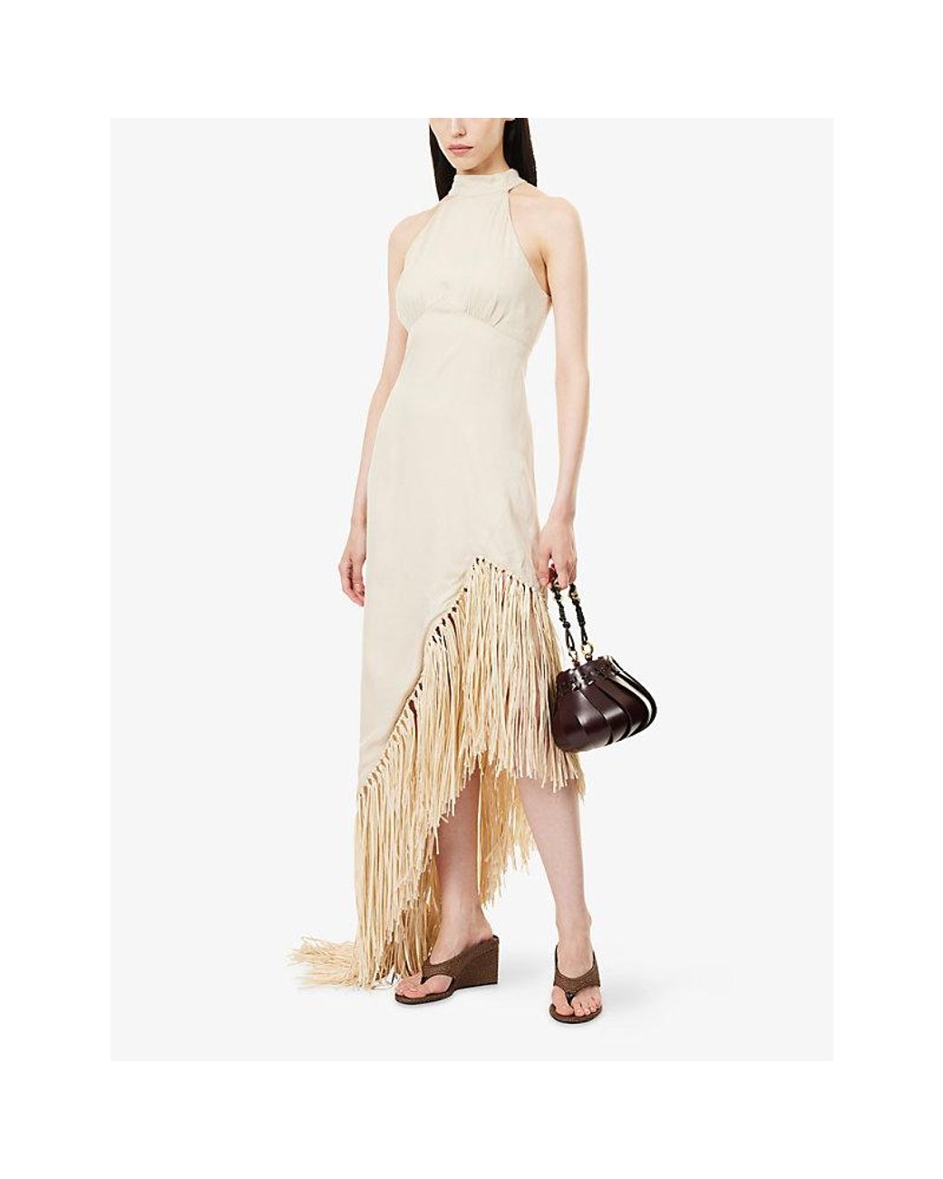 Rebirth White Fringed Asymmetric Woven Maxi Dress