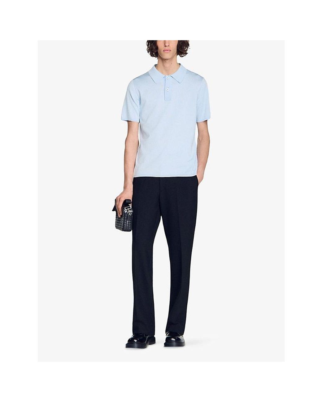 Sandro Blue Slightly-Shiny Stretch-Woven Polo-Shirt for men