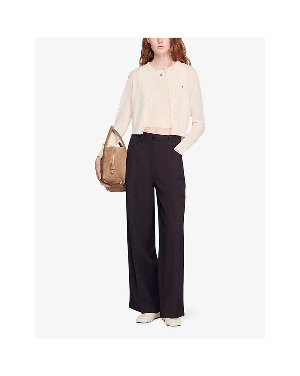 Sandro White Cropped Padded-Collar Cotton-Blend Cardigan