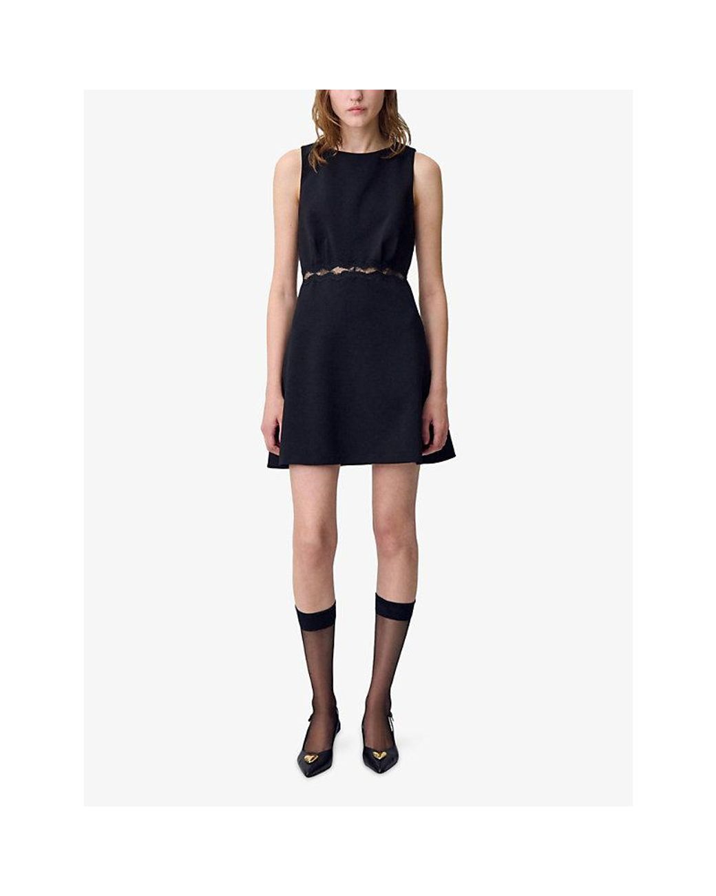 Claudie Pierlot Black Sleeveless Lace-Trim Stretch-Woven Mini Dress