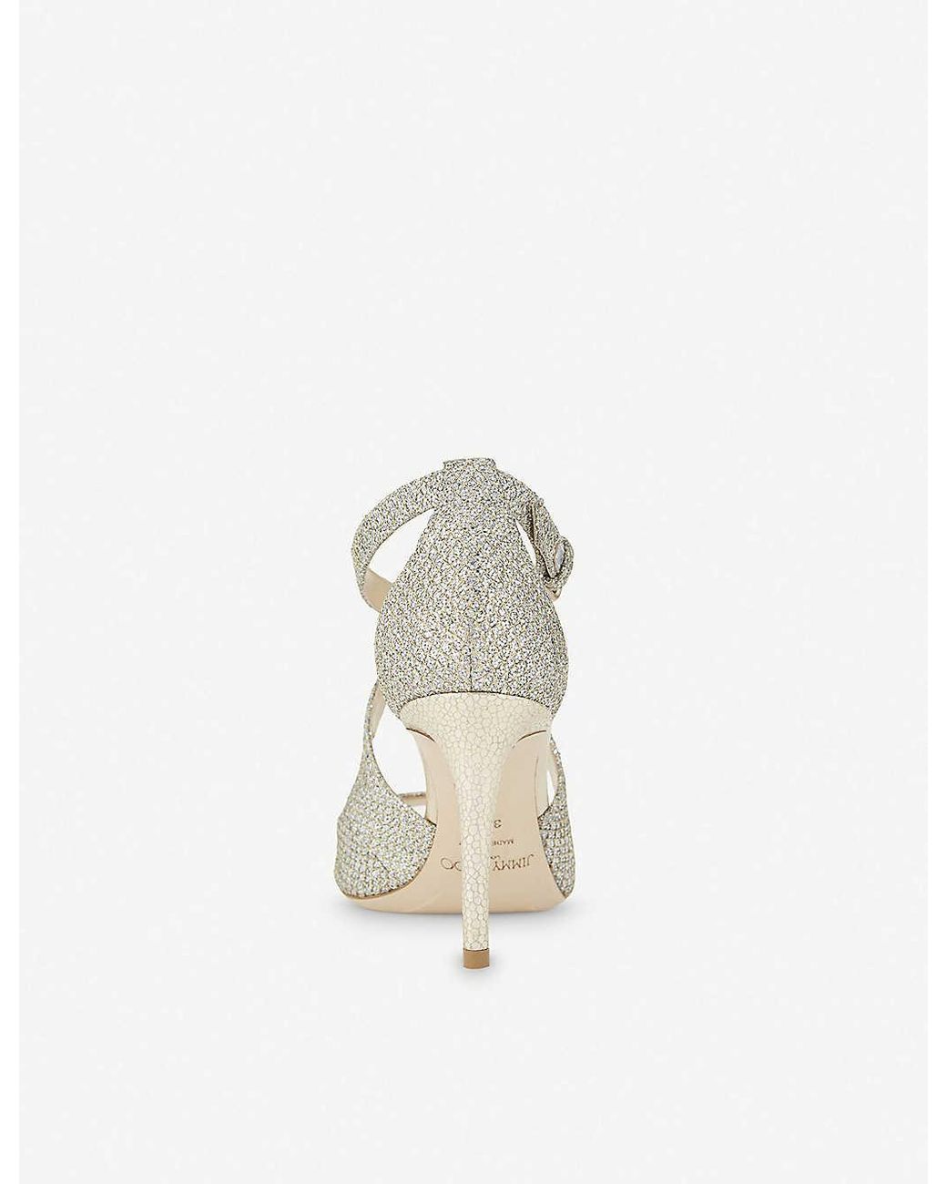 Jimmy Choo Emily 85 Champagne Glitter Heeled Sandals in Metallic