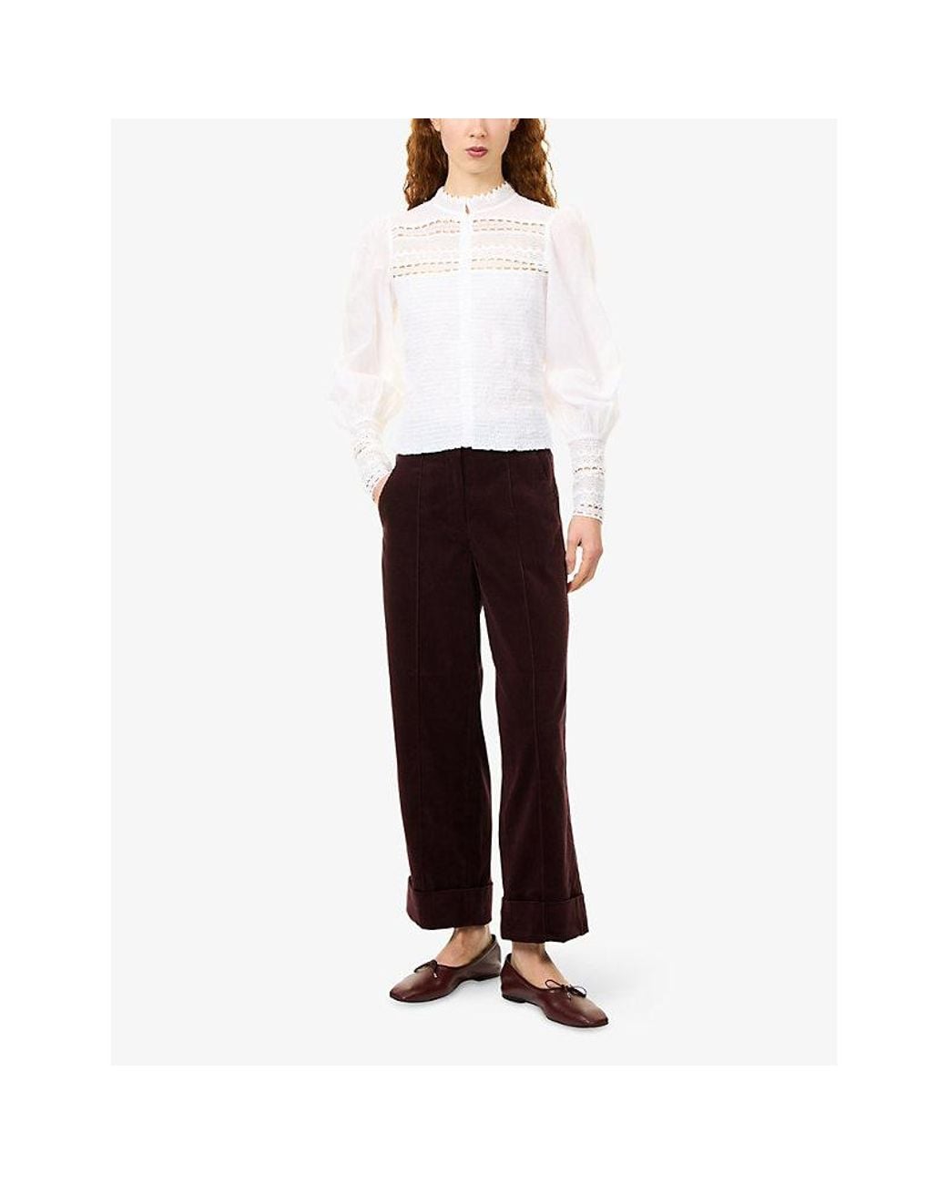ME+EM White Shirred Lace-Trim Cotton Blouson Top