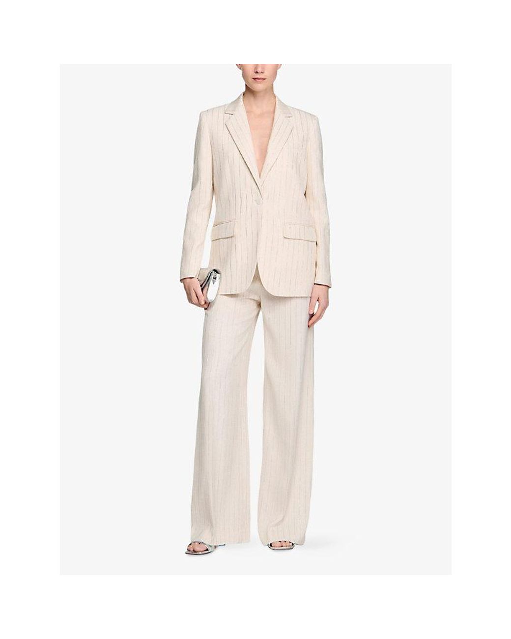 Sandro Natural Striped Single-Breasted Woven Blazer