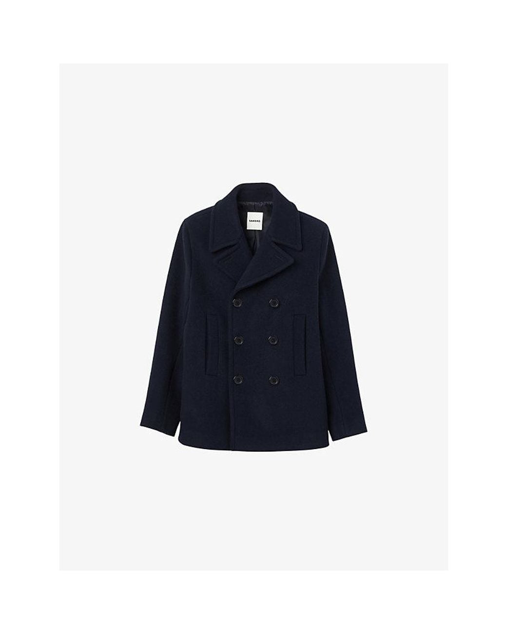 Sandro Blue Double-Breasted Peak-Lapel Wool-Blend Coat for men