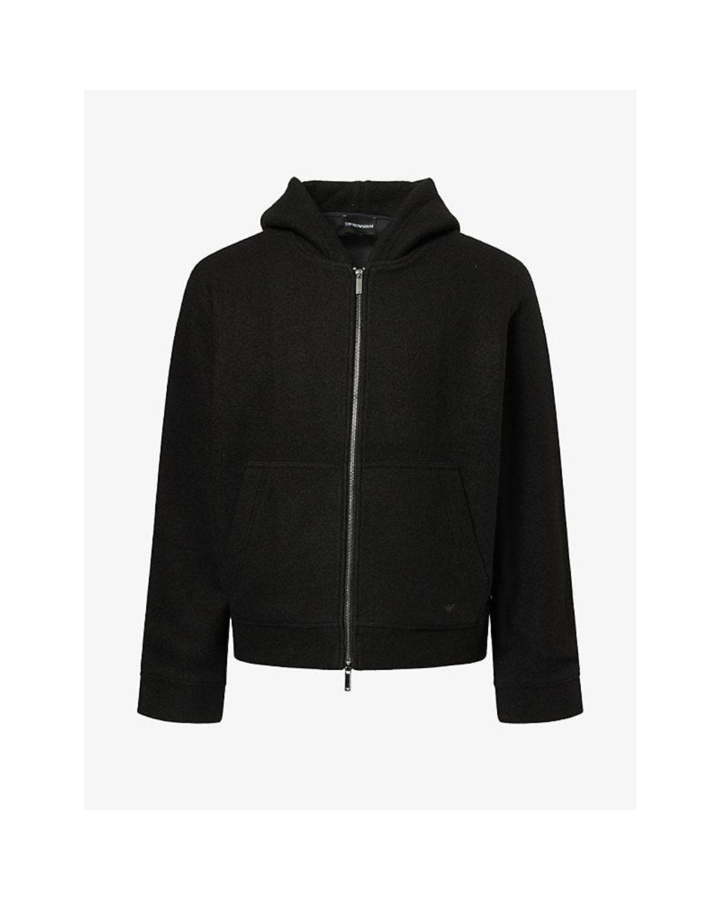 Emporio Armani Black Hooded Zip-Up Wool-Blend Jacket for men