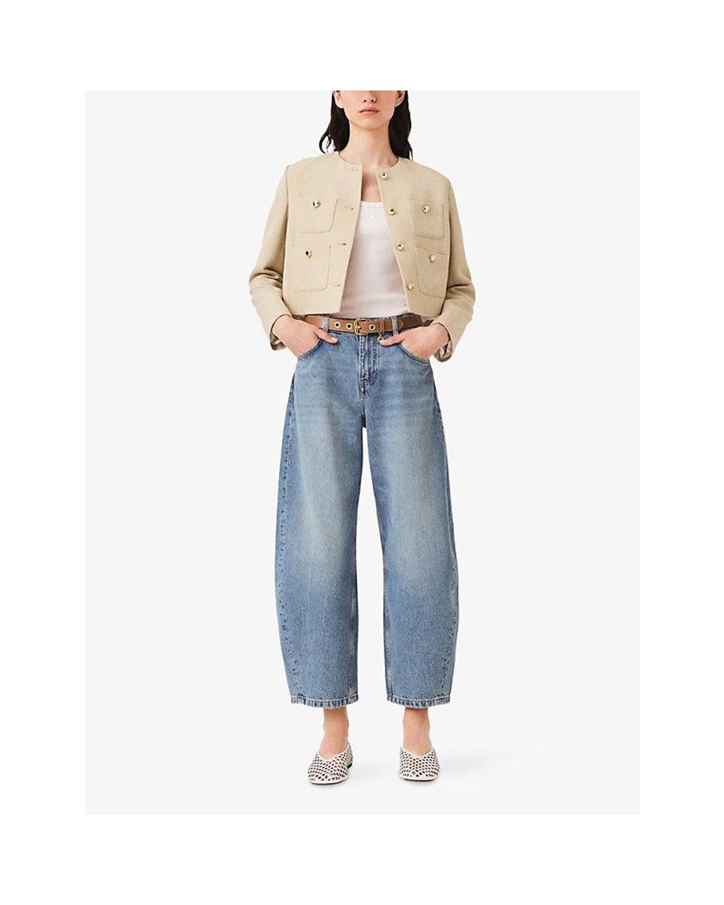 Maje Natural Patch-Pocket Cropped Woven Jacket
