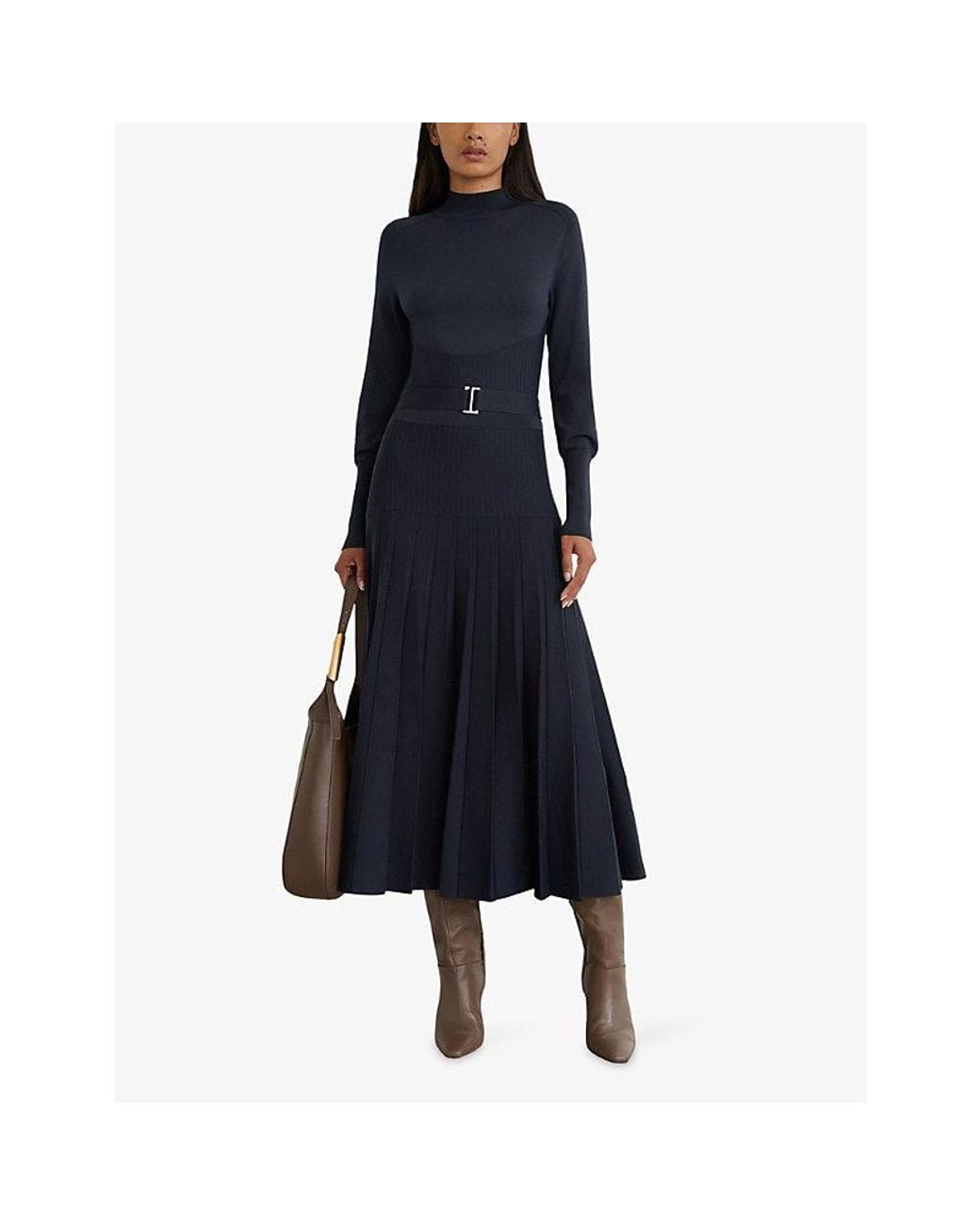Reiss Blue Lydia Belted-Waist Stretch-Knit Midi Dress