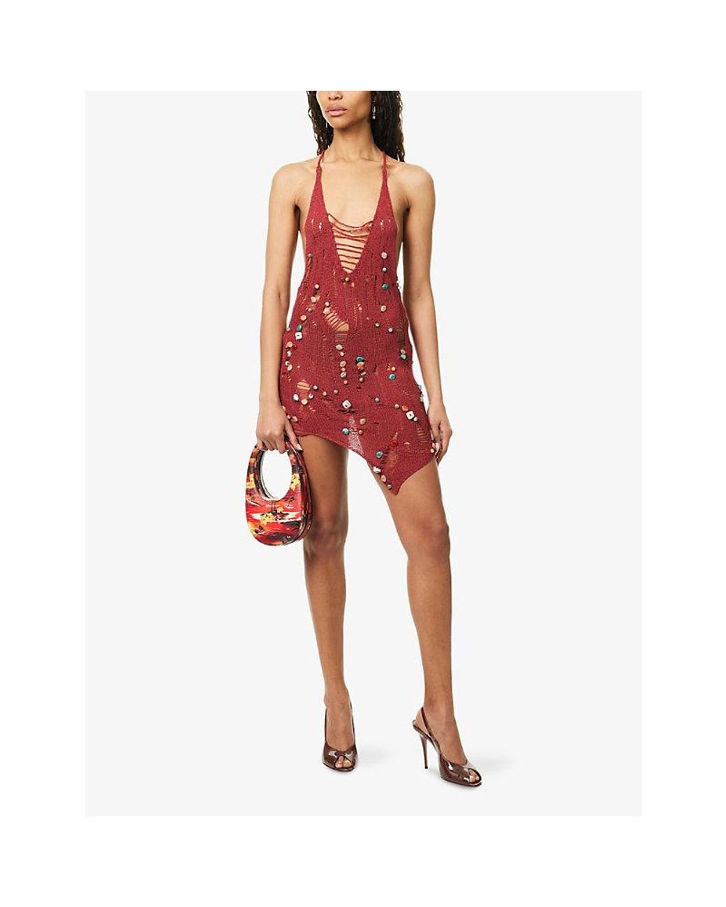 Jaded London Dandara Beaded Knit Mini Dress in Red | Lyst
