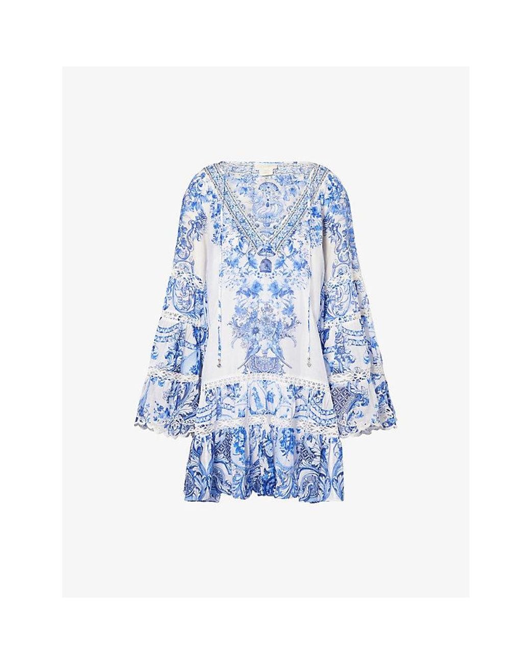 Camilla Blue Gathered-Panel Ceramic-Print Silk And Cotton Mini Dress