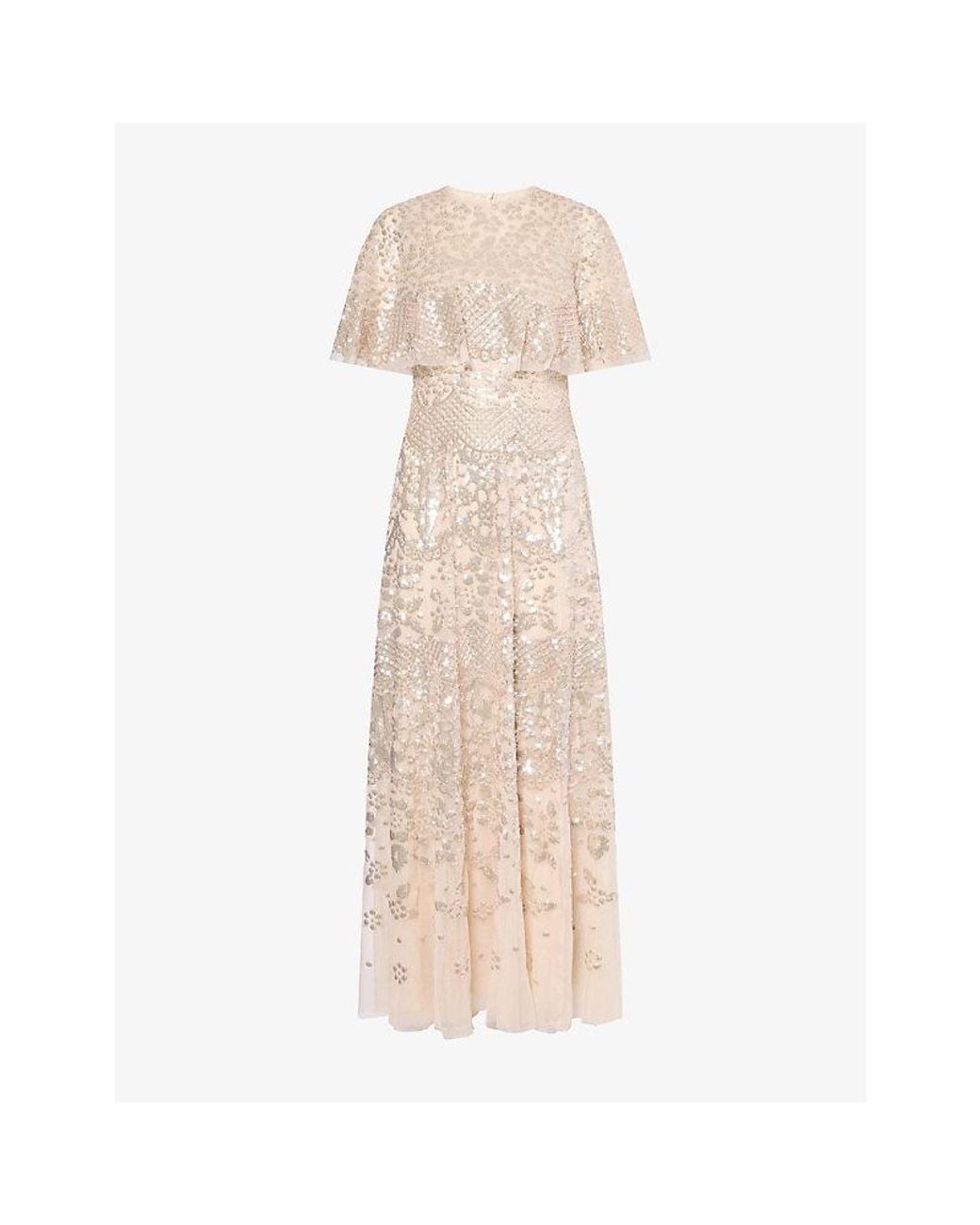 Needle & Thread Natural Snowdrop Sequin Cape Gown