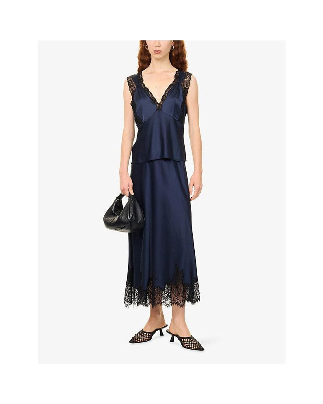 PAIGE Blue Marin Lace-Trim Satin Top