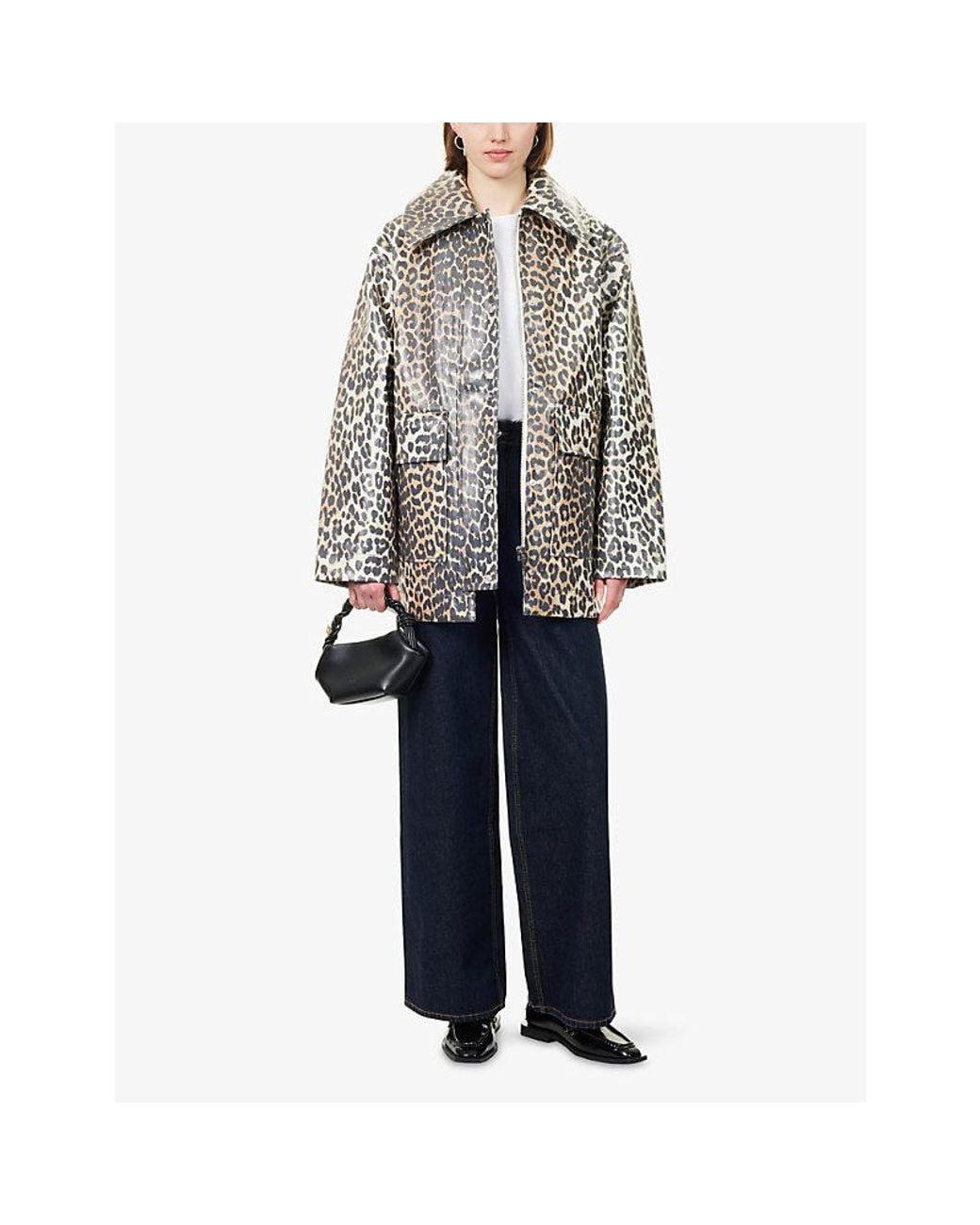 Ganni Gray Laminated Leopard-Print Cotton-Blend Jacket