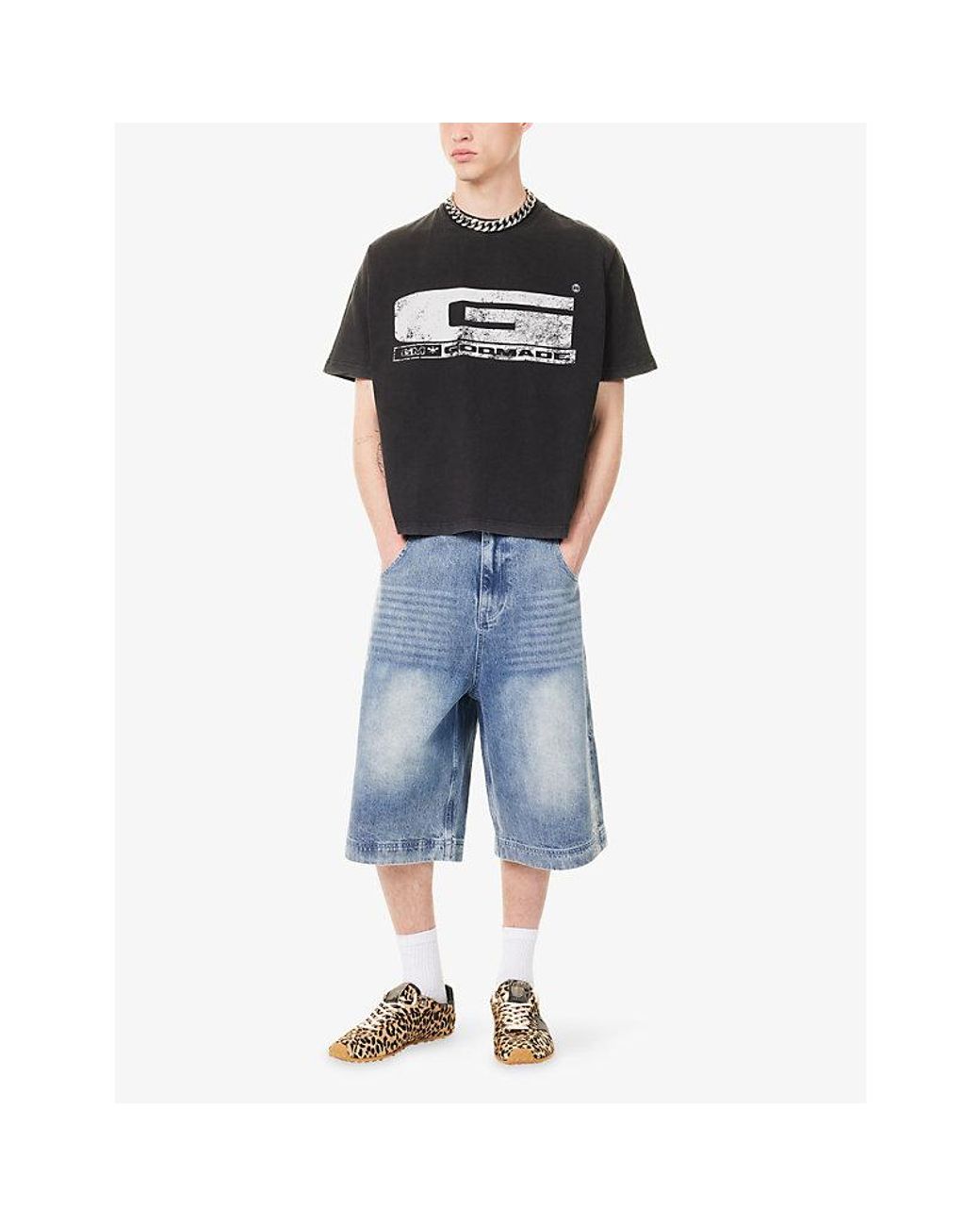 GODMADE Blue Crystal-Embellished Cotton Denim Shorts for men