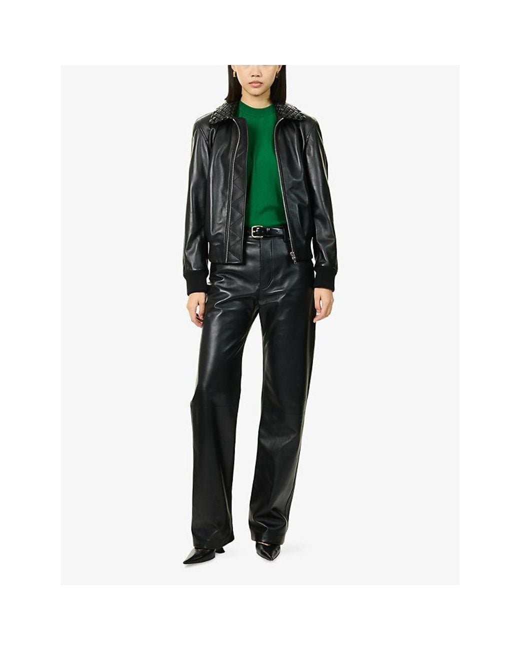 Bottega Veneta Black Intrecciato-Patch Fluid Shiny Leather Trousers