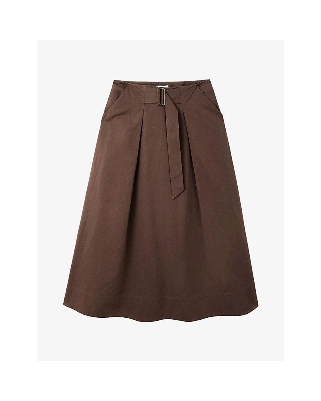 The White Company Brown Top-Stitch Belted Cotton-Blend Midi Skirt