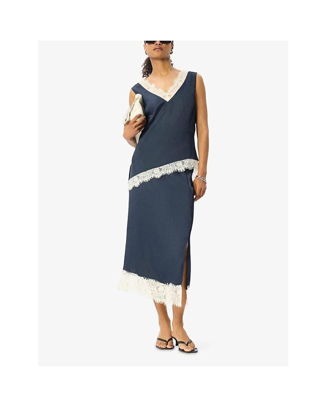 Whistles Blue V-Neck Lace-Trim Satin Top