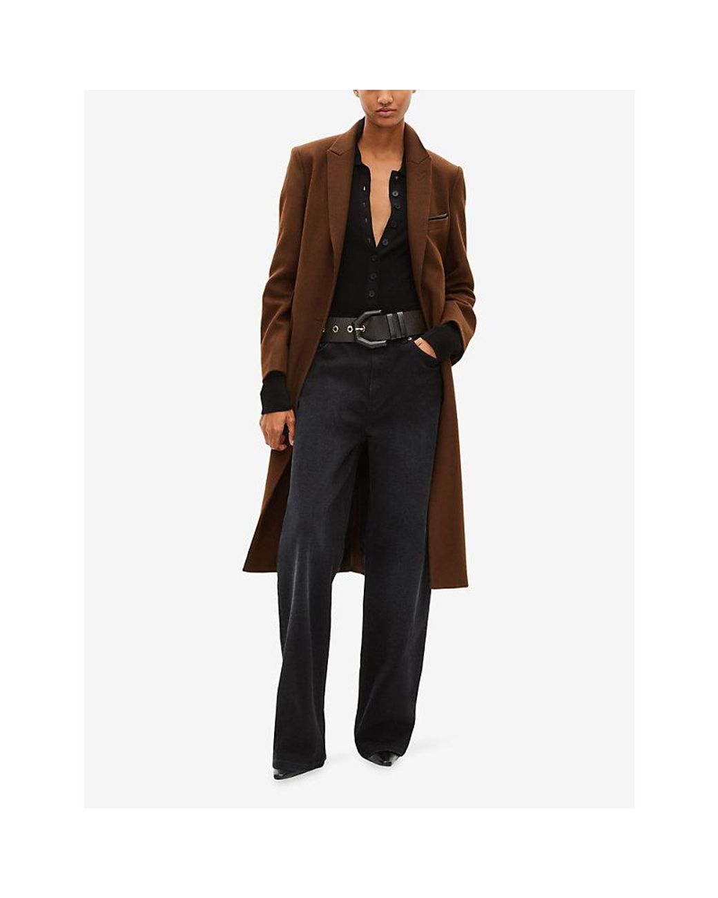 The Kooples Brown Notched-Lapel Single-Breasted Wool-Blend Coat