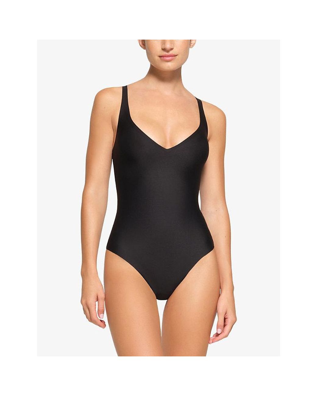 Skims Black Plunge-Neck Thong Stretch-Woven Bodysuit