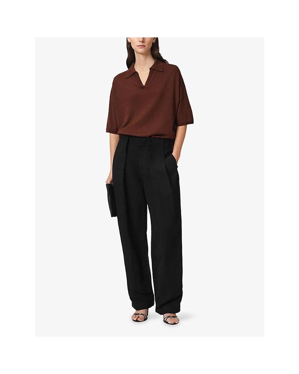 AllSaints Brown Bern Polo-Collar Wool Top