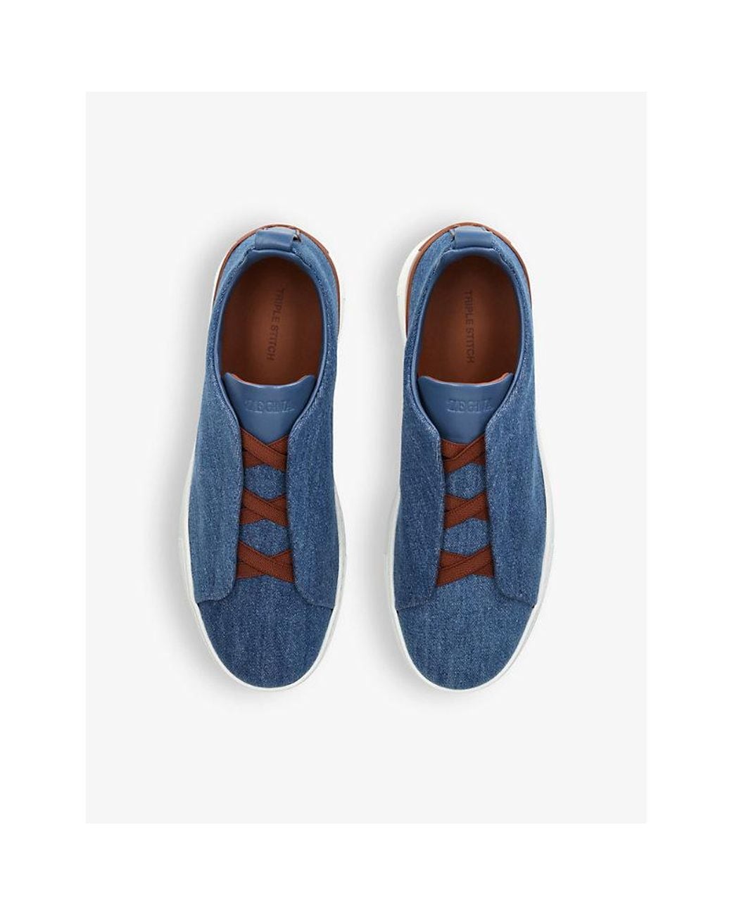 Zegna Blue Triple Stitch Contrast-Sole Denim Low-Top Trainer for men