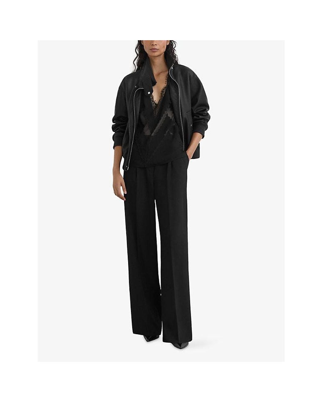 Reiss Black Cara Funnel-Neck Leather Bomber Jacket