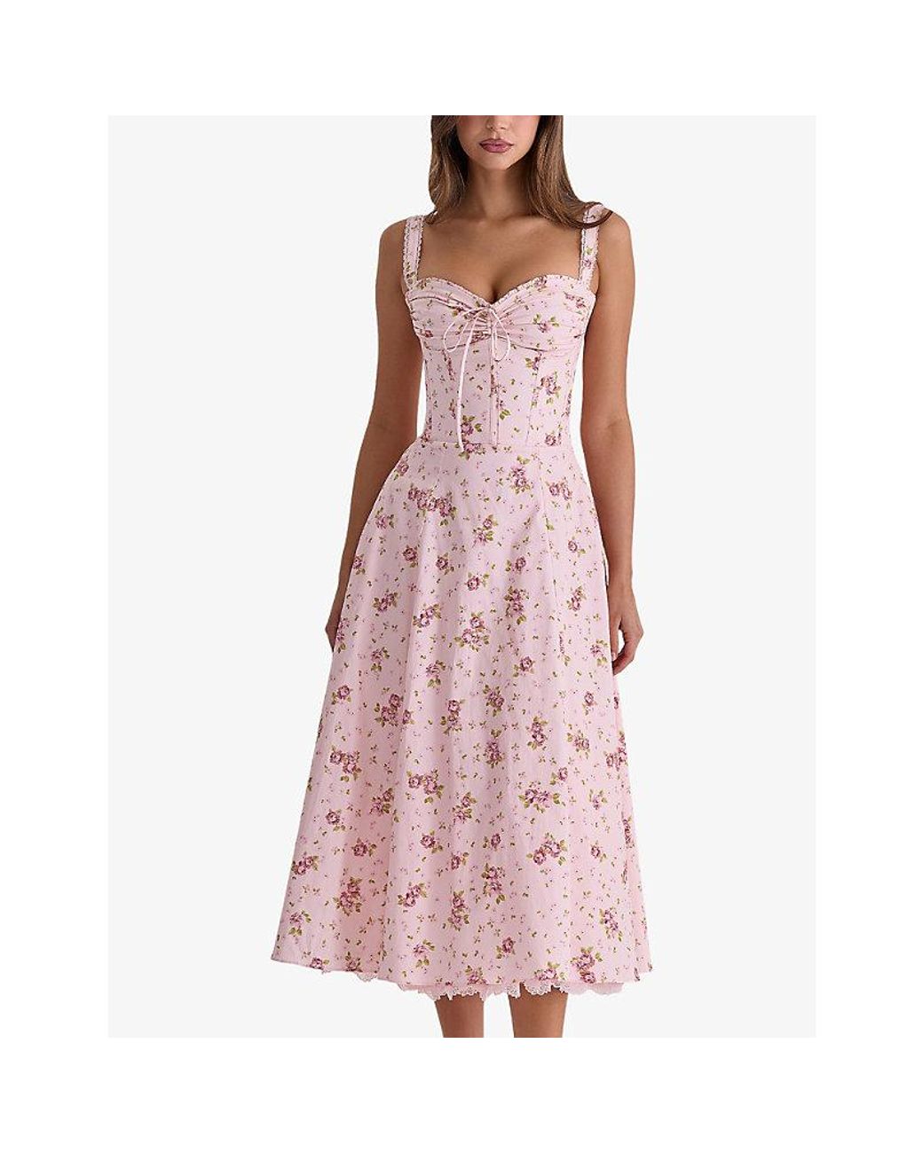 House Of Cb Pink Rosalee Floral Stretch-Cotton Midi Dress Xs (A-C Cup)