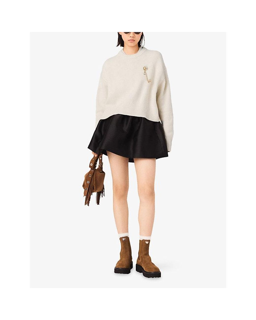 Maje Natural Boxy Floral-Brooch Wool And Cashmere-Blend Jumper