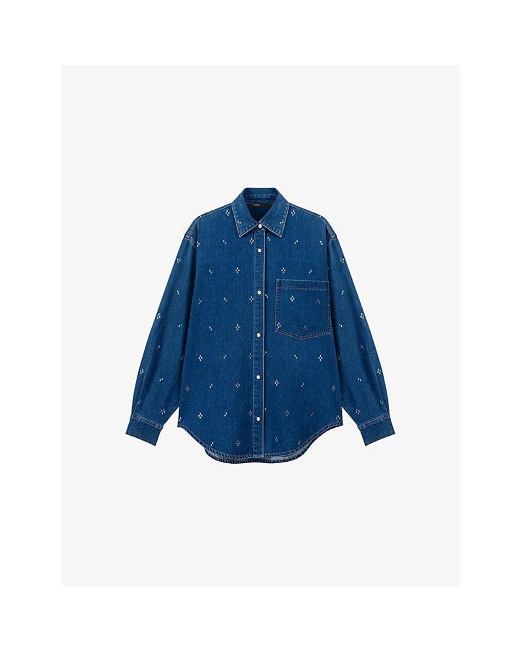 Maje Blue Rhinestone-Embellished Denim Shirt