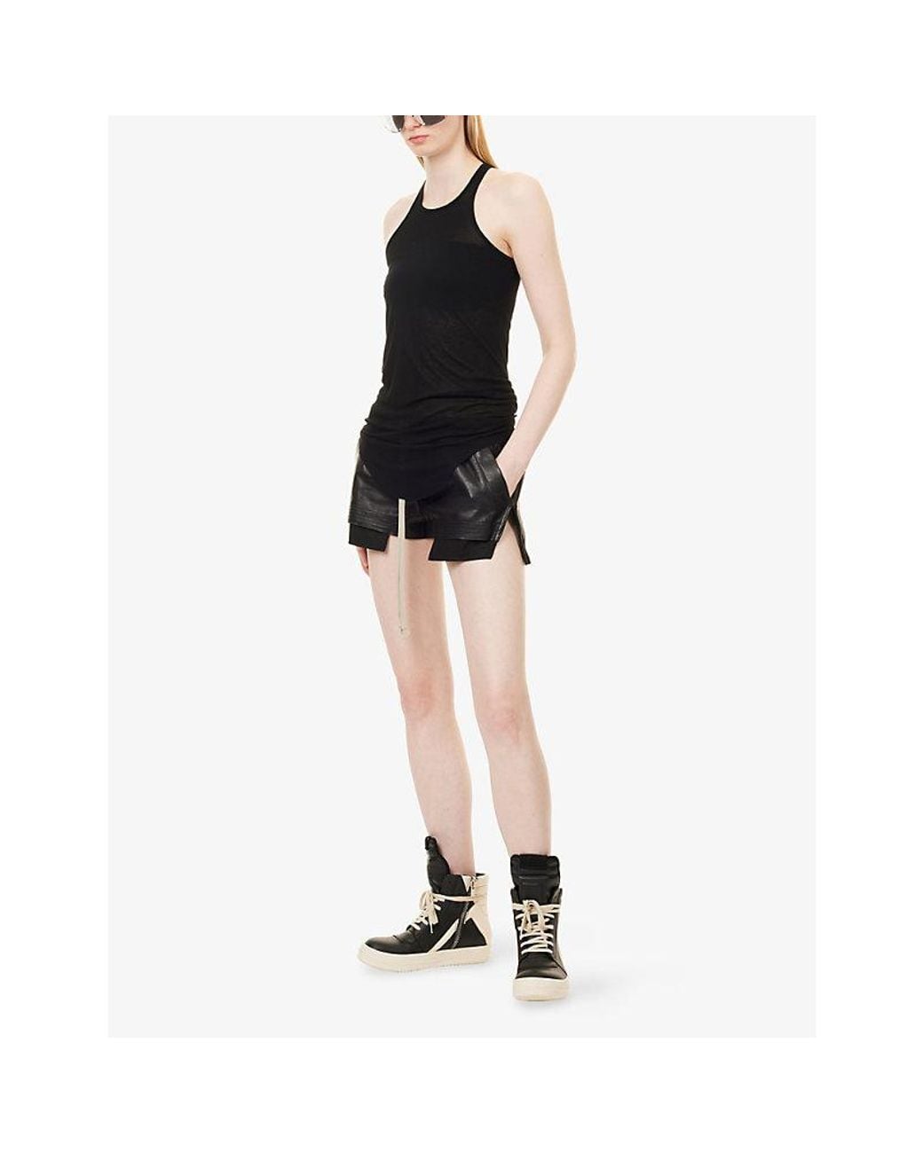 Rick Owens Black Fog Drawstring Leather Shorts