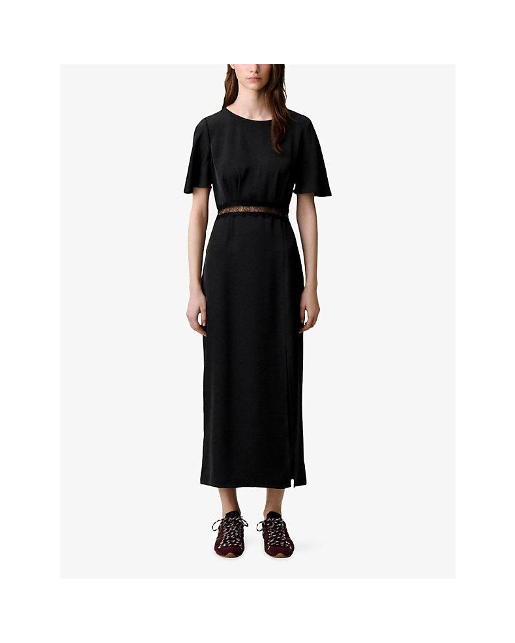 Claudie Pierlot Black Open-Back Lace-Trim Satin Maxi Dress