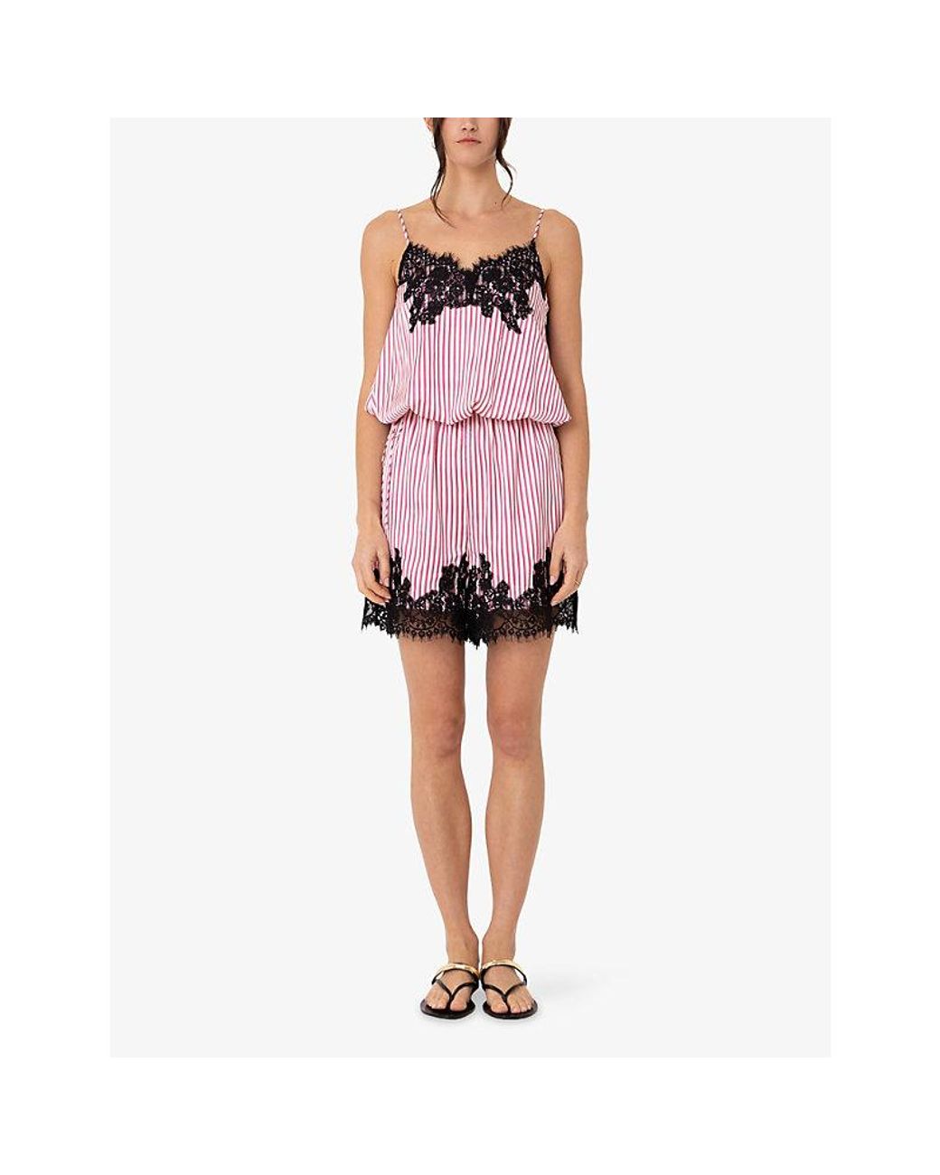 Amy Lynn Pink Striped Lace-Trim Satin Playsuit