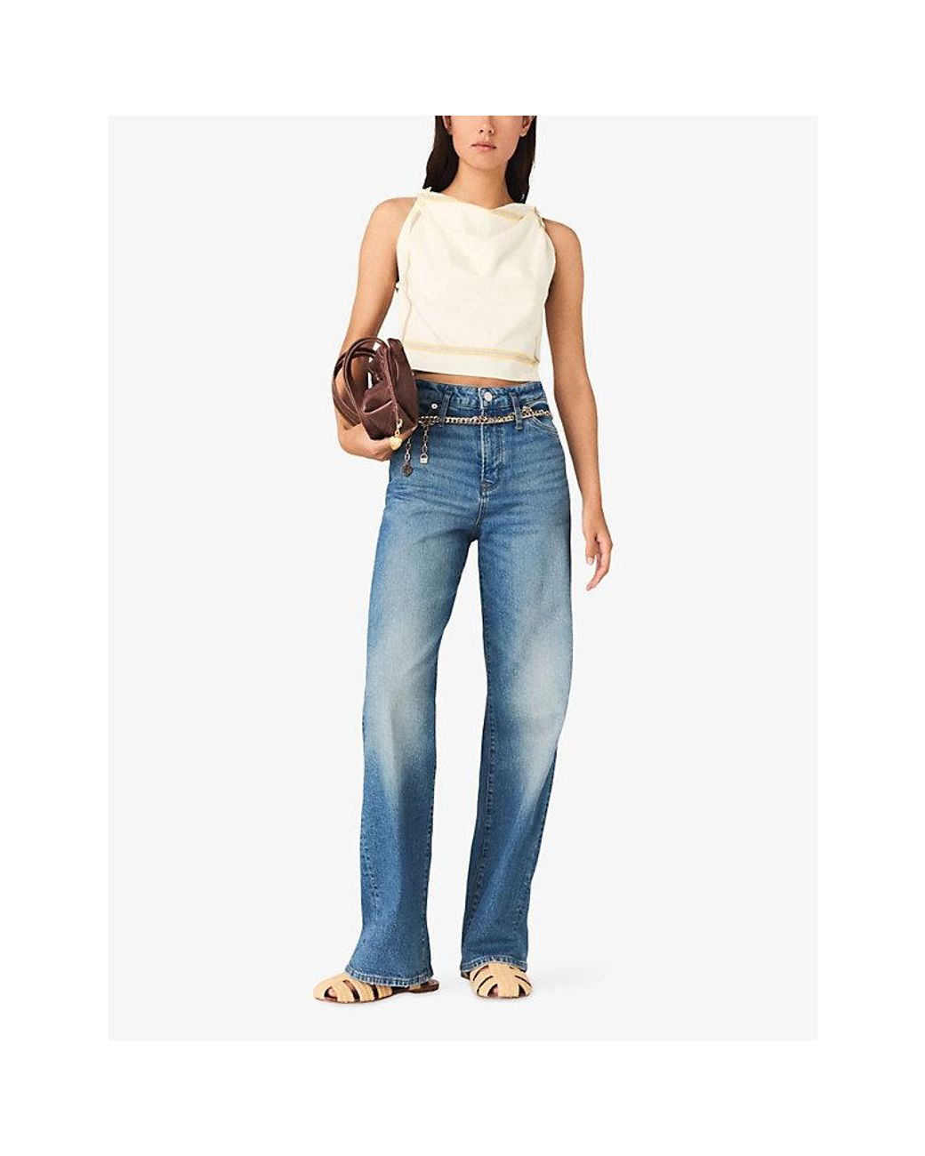 Maje Natural Grid-Pattern Cropped Cotton Top