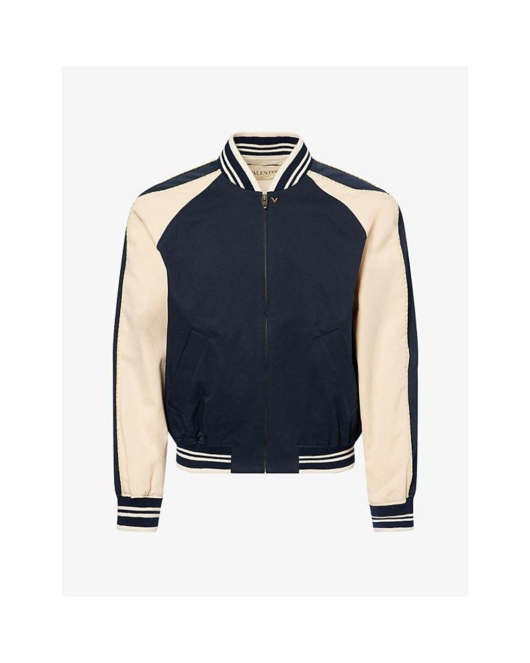 Valentino Garavani Blue Contrast-Stripe Zip-Up Cotton Bomber Jacket for men