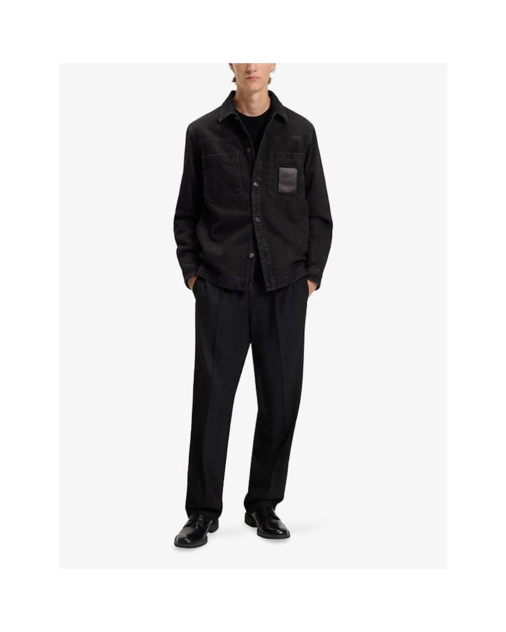 HUGO Black Brand-Patch Oversized-Fit Denim Shirt for men