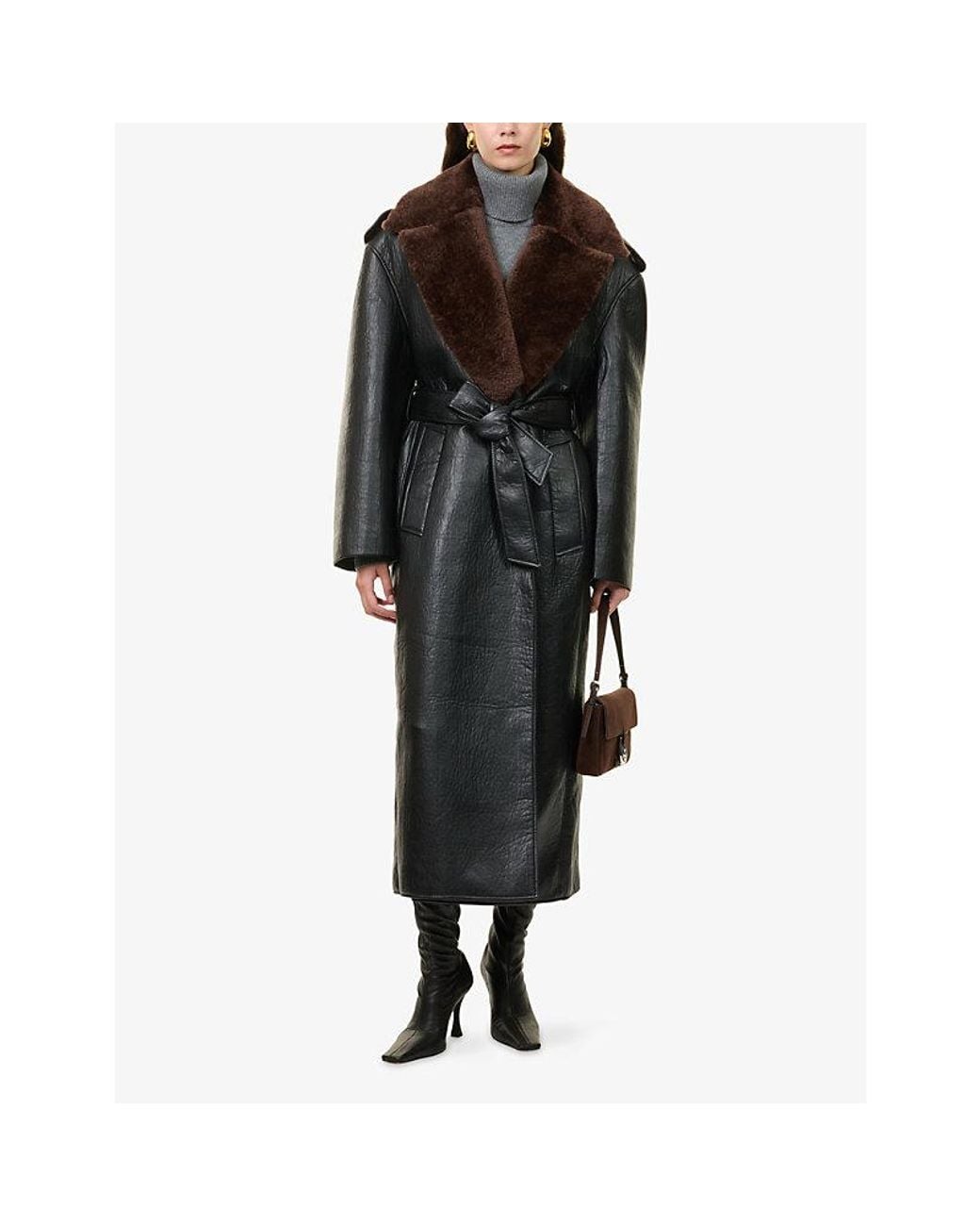 Frankie Shop Black Edra Belted Faux-Leather Trench Coat