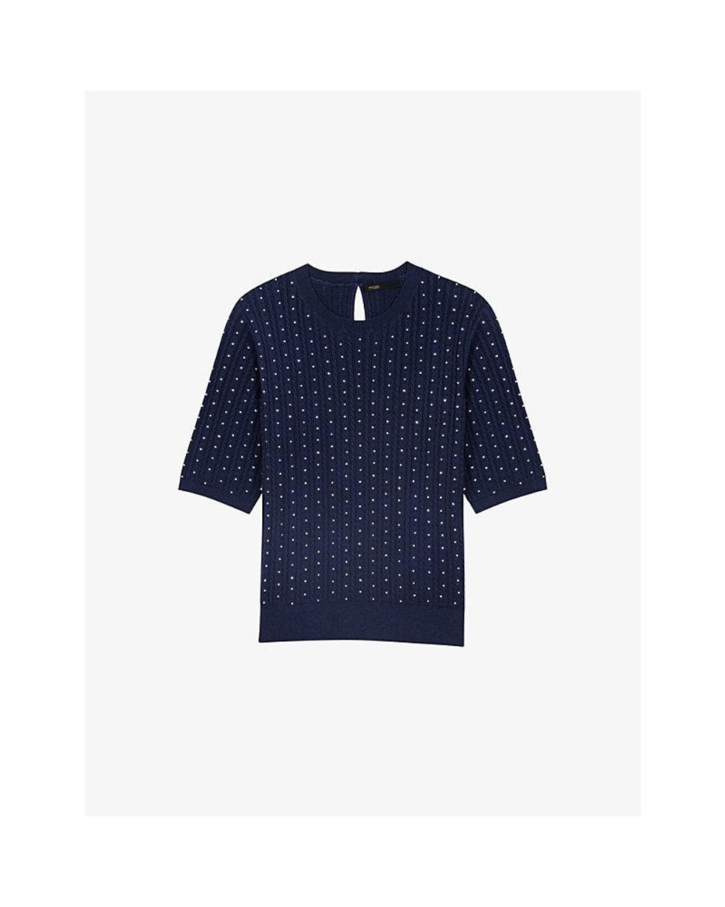 Maje Blue Rhinestone-Embellished Knitted Cotton-Blend Jumper