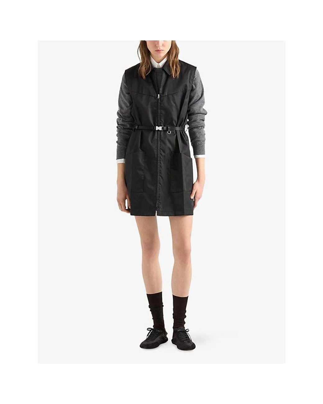 Prada Black Re-Nylon Belted Woven Mini Dress